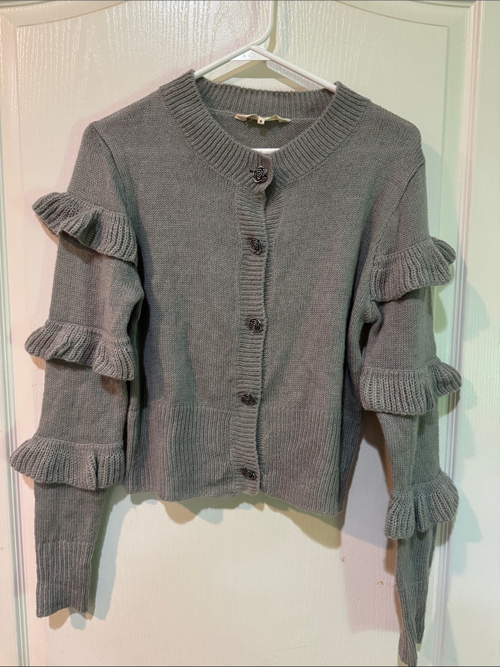 Ruffle-Sleeve Gray Knit Cardigan Sweater